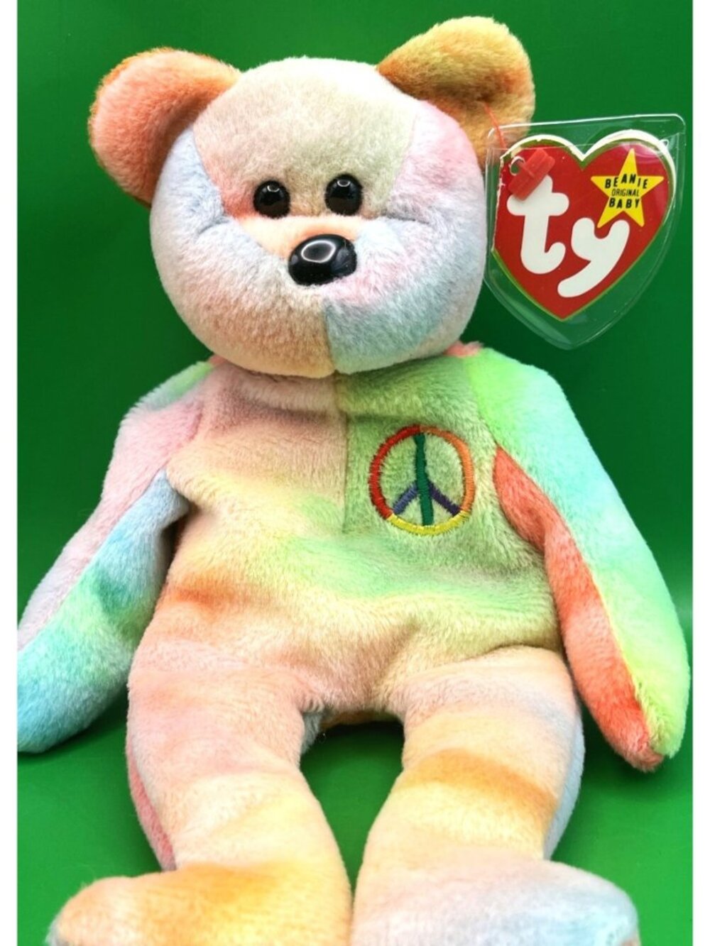 VTG TY Beanie Baby PEACE Bear 1996 Style 4053 Rainbow Tie-Dye MWMT Beanbag Plush